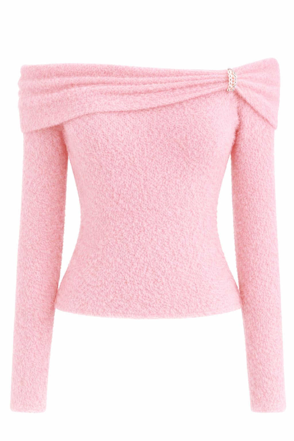 Mjuk stickad topp med off-shoulder-mönster och pärldetaljer