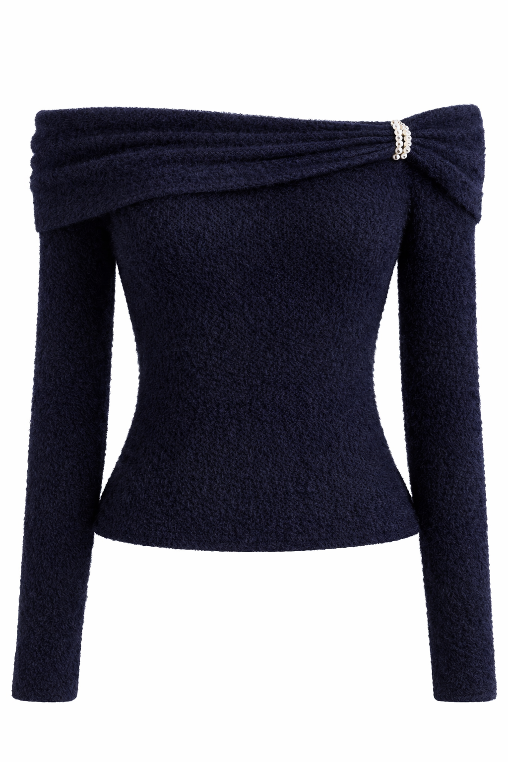 Mjuk stickad topp med off-shoulder-mönster och pärldetaljer