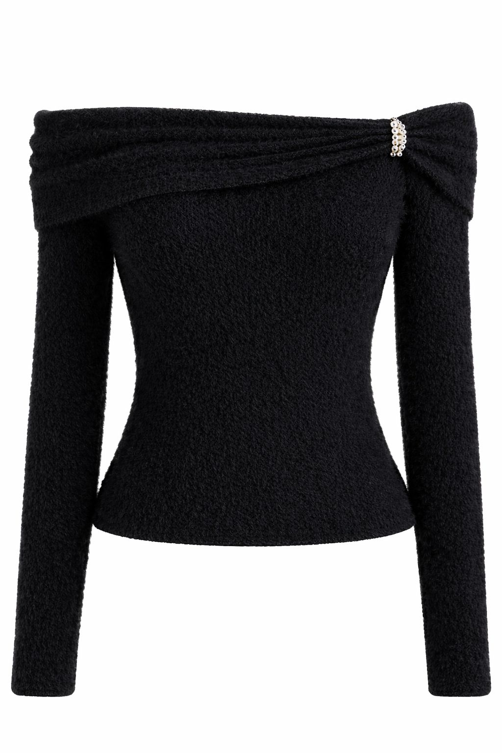 Mjuk stickad topp med off-shoulder-mönster och pärldetaljer